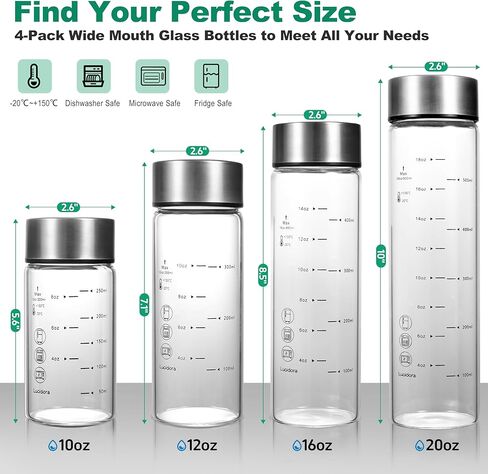 4 Pcs 12oz Glass Juice Bottles with Lids, Wide Mouth Glass Water Bottles with Measurement Markings Reusable Borosilicate Bottle for Juicing Smoothies Beverages, Leakproof Stainless Steel Caps in Saudi Arabia