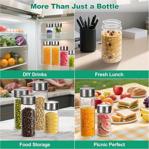 4 Pcs 12oz Glass Juice Bottles with Lids, Wide Mouth Glass Water Bottles with Measurement Markings Reusable Borosilicate Bottle for Juicing Smoothies Beverages, Leakproof Stainless Steel Caps in Saudi Arabia