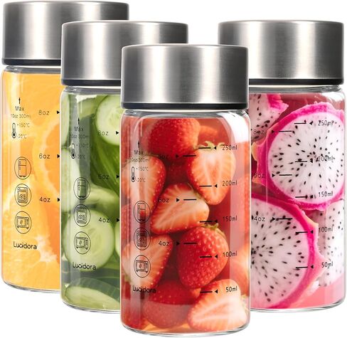 4 Pcs 12oz Glass Juice Bottles with Lids, Wide Mouth Glass Water Bottles with Measurement Markings Reusable Borosilicate Bottle for Juicing Smoothies Beverages, Leakproof Stainless Steel Caps in Saudi Arabia
