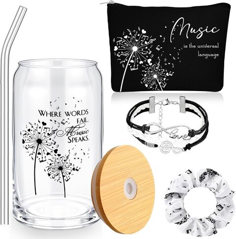 4 Pcs Christmas Music Lover Gifts for Women Music Teacher Gift Bulk 16oz Inspirational Musicians Glass Cup Makeup Bag Bracelet Hair Scrunchies for Piano Teacher Choirs Birthday Party Favor in Saudi Arabia