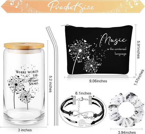 4 Pcs Christmas Music Lover Gifts for Women Music Teacher Gift Bulk 16oz Inspirational Musicians Glass Cup Makeup Bag Bracelet Hair Scrunchies for Piano Teacher Choirs Birthday Party Favor in Saudi Arabia