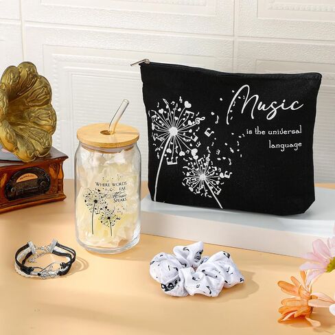 4 Pcs Christmas Music Lover Gifts for Women Music Teacher Gift Bulk 16oz Inspirational Musicians Glass Cup Makeup Bag Bracelet Hair Scrunchies for Piano Teacher Choirs Birthday Party Favor in Saudi Arabia