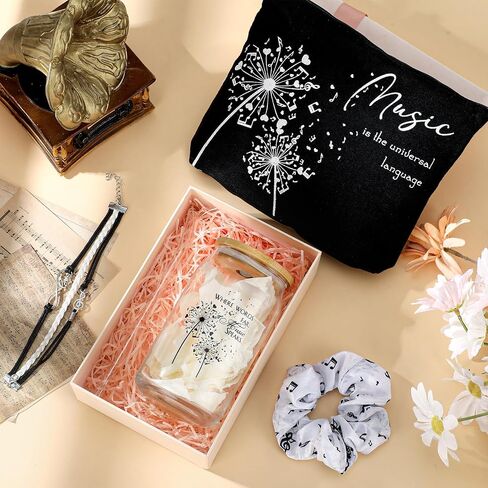 4 Pcs Christmas Music Lover Gifts for Women Music Teacher Gift Bulk 16oz Inspirational Musicians Glass Cup Makeup Bag Bracelet Hair Scrunchies for Piano Teacher Choirs Birthday Party Favor in Saudi Arabia