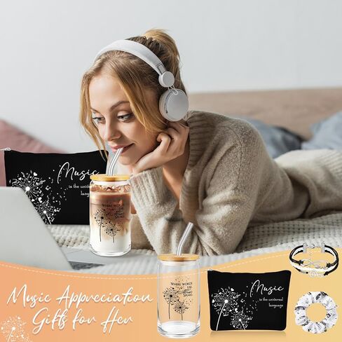 4 Pcs Christmas Music Lover Gifts for Women Music Teacher Gift Bulk 16oz Inspirational Musicians Glass Cup Makeup Bag Bracelet Hair Scrunchies for Piano Teacher Choirs Birthday Party Favor in Saudi Arabia