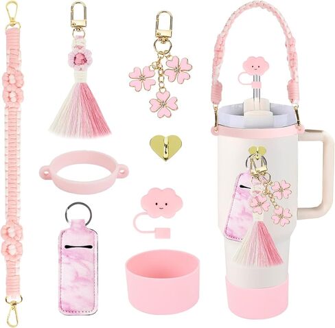 مجموعة إكسسوارات أكواب ستانلي المكونة من 8 قطع تتضمن حزام مقبض زجاجة المياه، وحذاء كوب من السيليكون، وغطاء من القش، وحلي ستانلي لأكواب سعة 30 أونصة/40 أونصة in Kuwait