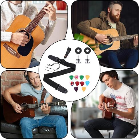 Acoustic Guitar Strap PU Leather Ends Guitar Strap with Locks Adjustable Straps with 2 Buttons 10 Guitars Picks 2 Locks 1 Rope Set Pick Holder Guitars Accessories for Bass Electric in Saudi Arabia