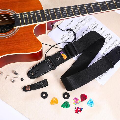 Acoustic Guitar Strap PU Leather Ends Guitar Strap with Locks Adjustable Straps with 2 Buttons 10 Guitars Picks 2 Locks 1 Rope Set Pick Holder Guitars Accessories for Bass Electric in Saudi Arabia
