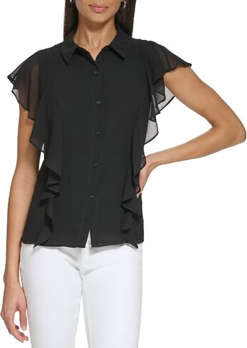 Calvin Klein Womens Sleeveless Ruffle Front Blouse (Plus Size) in Saudi Arabia