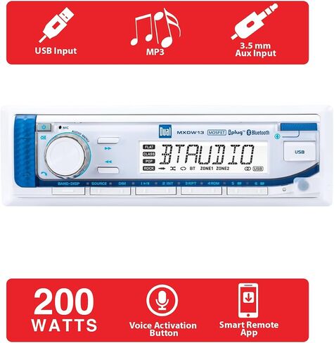 Dual Electronics MXD140 Marine Radio | AM/FM Stereo Receiver | 8-Character LCD | Single DIN | Boat Radio with Built-in Bluetooth | USB Port with 2.1 A Charging | White in Saudi Arabia