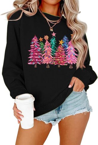 بلوزات عيد الميلاد للنساء لطيف شجرة عيد الميلاد الرسم قميص طويل الأكمام عارضة Crewneck عطلة البلوز الأعلى in Saudi Arabia