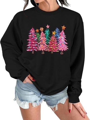 بلوزات عيد الميلاد للنساء لطيف شجرة عيد الميلاد الرسم قميص طويل الأكمام عارضة Crewneck عطلة البلوز الأعلى in Saudi Arabia