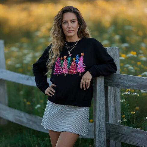 بلوزات عيد الميلاد للنساء لطيف شجرة عيد الميلاد الرسم قميص طويل الأكمام عارضة Crewneck عطلة البلوز الأعلى in Saudi Arabia