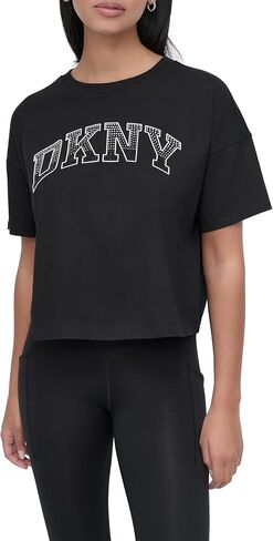 DKNY Women's Rhinestone Logo Short Sleeve Cropped Loose Fit T-Shirt in Saudi Arabia