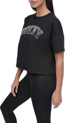 DKNY Women's Rhinestone Logo Short Sleeve Cropped Loose Fit T-Shirt in Saudi Arabia