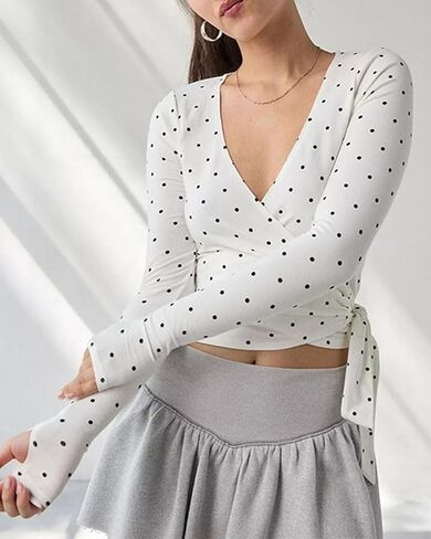Women Sexy Deep V Neck Thumb Hole Long Sleeve Tee Shirt blackd Cross Wrap Slim Fit Tie Up Front Crop Workout Top in Saudi Arabia