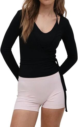 Women Sexy Deep V Neck Thumb Hole Long Sleeve Tee Shirt blackd Cross Wrap Slim Fit Tie Up Front Crop Workout Top in Saudi Arabia