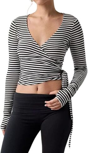 Women Sexy Deep V Neck Thumb Hole Long Sleeve Tee Shirt blackd Cross Wrap Slim Fit Tie Up Front Crop Workout Top in Saudi Arabia