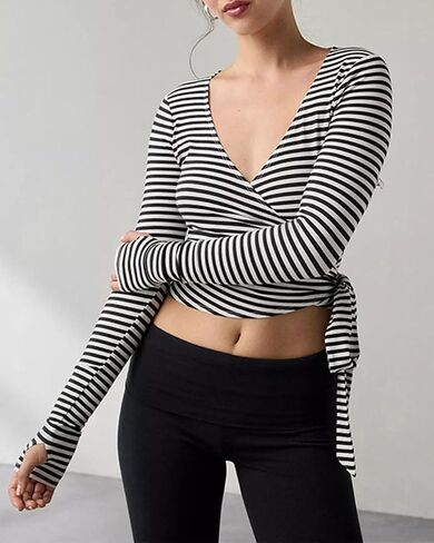 Women Sexy Deep V Neck Thumb Hole Long Sleeve Tee Shirt blackd Cross Wrap Slim Fit Tie Up Front Crop Workout Top in Saudi Arabia
