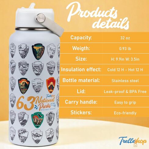 National Parks Water Bottle with Stickers - Adventure Bottle for World Travel - Great American Road Trip - National Park Checklist - Perfect Gifts for Women and Men, Trekking & Exploration in Saudi Arabia