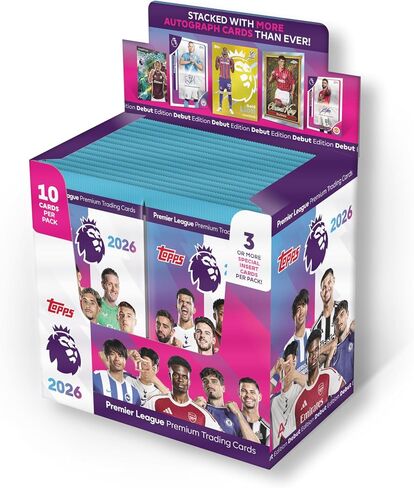 Topps Premier League 2025-26 - الإصدار الأول - صندوق كامل - 28 حزمة في كل صندوق (280 بطاقة) 3 أو أكثر من بطاقات الإدخال الخاصة في كل حزمة. in Saudi Arabia
