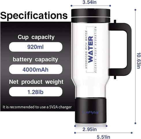 Hydrogen Water Pitcher with Handle: Smart 32 Oz Hydrogen-Enriched Kettle with Dry Electrolysis, Self-Cleaning, Tilt Protection, USB-C Rechargeable in Saudi Arabia