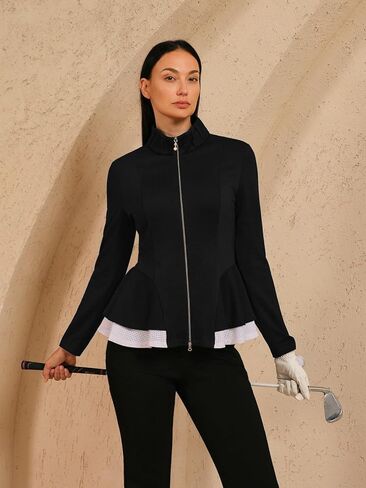 سترة جولف نسائية مكشكشة من ACEGOLFS خفيفة الوزن وأكمام طويلة سترة رياضية للنساء بعامل حماية من الأشعة فوق البنفسجية 50+ سحاب كامل للسيدات لممارسة التمارين واليوجا والصالة الرياضية in Kuwait