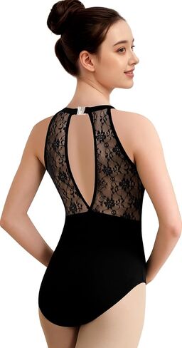 ZILANZI المرأة السوداء الرسن الرقبة الرقص يوتار، جوفاء الدانتيل الظهر الباليه أكمام Dancewear in Kuwait