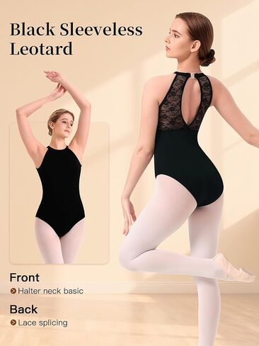 ZILANZI المرأة السوداء الرسن الرقبة الرقص يوتار، جوفاء الدانتيل الظهر الباليه أكمام Dancewear in Kuwait