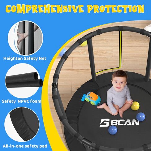 BCAN 55" Trampoline for Kids with Thickened Enclosure Net, Toddler Trampoline Indoor/Outdoor with Adjustable Gymnastics Bars & Basketball Hoop,Gifts for Boys & Girls Ages 1 to 8 in Kuwait
