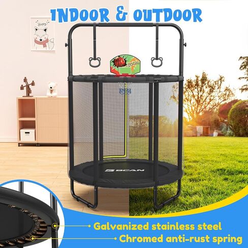 BCAN 55" Trampoline for Kids with Thickened Enclosure Net, Toddler Trampoline Indoor/Outdoor with Adjustable Gymnastics Bars & Basketball Hoop,Gifts for Boys & Girls Ages 1 to 8 in Kuwait