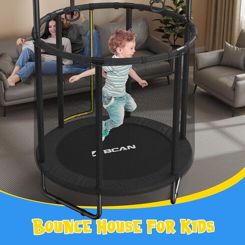BCAN 55" Trampoline for Kids with Thickened Enclosure Net, Toddler Trampoline Indoor/Outdoor with Adjustable Gymnastics Bars & Basketball Hoop,Gifts for Boys & Girls Ages 1 to 8 in Kuwait