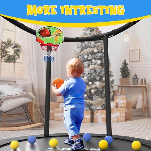 BCAN 55" Trampoline for Kids with Thickened Enclosure Net, Toddler Trampoline Indoor/Outdoor with Adjustable Gymnastics Bars & Basketball Hoop,Gifts for Boys & Girls Ages 1 to 8 in Kuwait