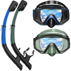 Snorkeling Gear for Adults, Dry Top Snorkel Mask Set 2 Pack Scuba Diving Mask Snorkel Gear Anti Fog Snorkeling Packages Tempered Glass Panoramic View, Black+Green in Saudi Arabia