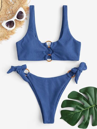 Women's Ribbed Bikini Set with Metal Ring Detail Tie Side High Cut Two Piece Swimsuit Scoop Neck Bathing Suit Blue in Saudi Arabia