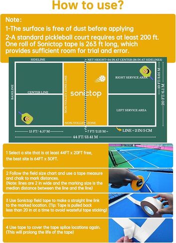 مجموعة أدوات تحديد ملعب Pickleball، مقاس 2 بوصة × 263 قدم، شريط ملعب Pickleball المطول مكون من 5 قطع، مما يجعل شريط المحكمة الخارجي بالحجم الكامل لخطوط المحكمة المؤقتة بدون بقايا، سهل التركيب in Saudi Arabia