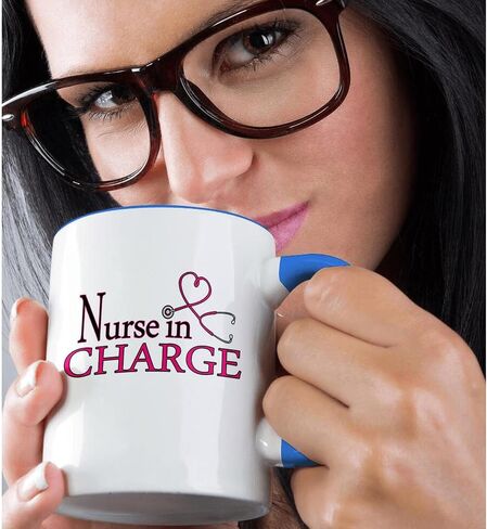 3dRose Nurse in Charge Pink Heart Stethoscope Two Tone Mug, 11 oz, Blue in Saudi Arabia