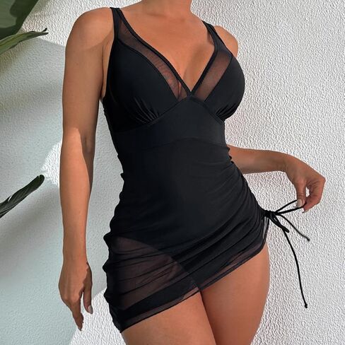 Women's One Piece Swim Dress Summer Deep V Neck Tummy Control Swimsuits Sexy Sheer Mesh Sarong Wraps Bathing Suit in Saudi Arabia