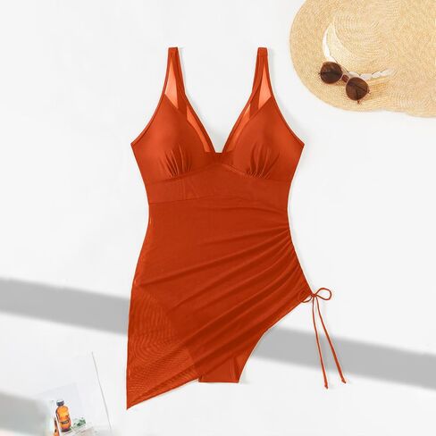 Women's One Piece Swim Dress Summer Deep V Neck Tummy Control Swimsuits Sexy Sheer Mesh Sarong Wraps Bathing Suit in Saudi Arabia