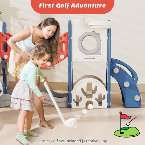 مجموعة لعب للأطفال الصغار مع قوس تسلق ومجموعة جولف ومنزلق وحلقة كرة سلة - ألعاب خارجية، معدات حديقة بلاستيكية آمنة ومتينة (أحمر، بدون أرجوحة) in Kuwait