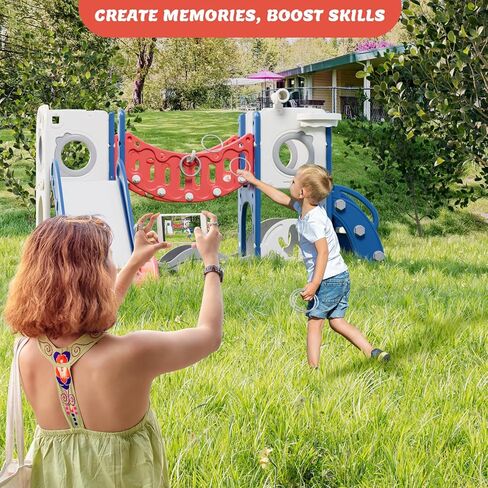 مجموعة لعب للأطفال الصغار مع قوس تسلق ومجموعة جولف ومنزلق وحلقة كرة سلة - ألعاب خارجية، معدات حديقة بلاستيكية آمنة ومتينة (أحمر، بدون أرجوحة) in Kuwait