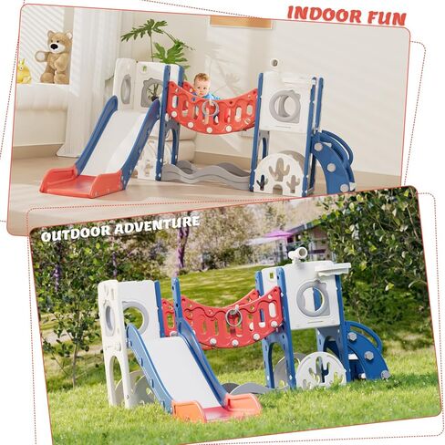 مجموعة لعب للأطفال الصغار مع قوس تسلق ومجموعة جولف ومنزلق وحلقة كرة سلة - ألعاب خارجية، معدات حديقة بلاستيكية آمنة ومتينة (أحمر، بدون أرجوحة) in Kuwait