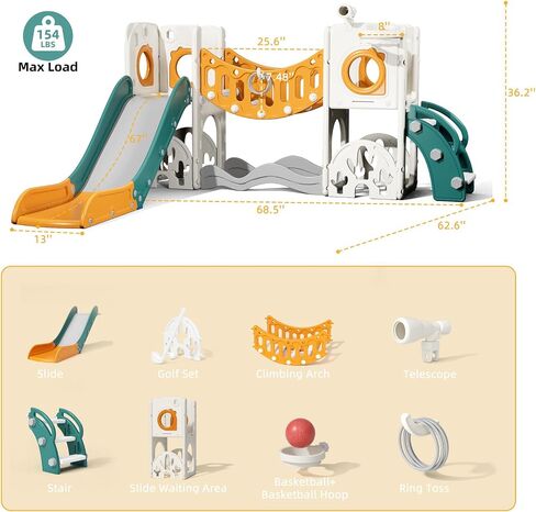 Toddler Playground Playset with Climbing Arch, Golf Set, Slide & Basketball Hoop - Outdoor Toys, Safe & Durable Plastic Garden Equipment​ (Red, Without Swing) in Kuwait