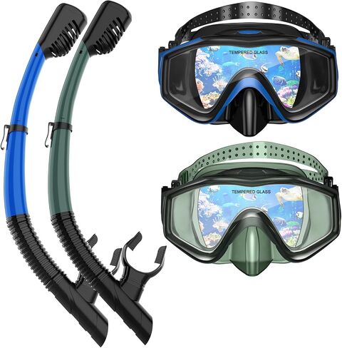 Snorkeling Gear for Adults, Dry Top Snorkel Mask Set 2 Pack Scuba Diving Mask Snorkel Gear Anti Fog Snorkeling Packages Tempered Glass Panoramic View, Black+Green in Saudi Arabia