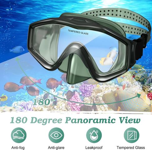 Snorkeling Gear for Adults, Dry Top Snorkel Mask Set 2 Pack Scuba Diving Mask Snorkel Gear Anti Fog Snorkeling Packages Tempered Glass Panoramic View, Black+Green in Saudi Arabia