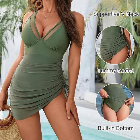 Womens Tummy Control Bathing Suits Sleeveless V Neck Slimming Ruffle Sexy One Piece Swim Dress in Saudi Arabia