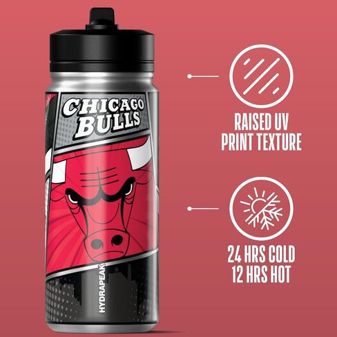 Hydrapeak x NBA مرخصة رسميًا من Chicago Bulls Active بغطاء زجاجة مياه بسعة 20 أونصة، قابلة لإعادة الاستخدام من الفولاذ المقاوم للصدأ بجدار مزدوج معزول، هدية رياضية للأطفال والكبار in Kuwait
