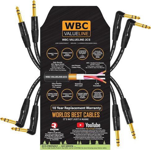 WBC-VALUELINE-2CS (22 AWG) - 4 Units - 1 Foot - Low-Capacitance Shielded Balanced Flexible Interconnect Cables with Neutrik-Rean ¼ Inch (6.35mm) Gold Angled to Straight TRS Stereo Phone Plugs in Saudi Arabia