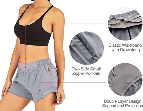 Women's Workout Athletic Shorts Quick Dry 2 in 1 Running Shorts with Elastic Liner Zipper Pockets in Saudi Arabia