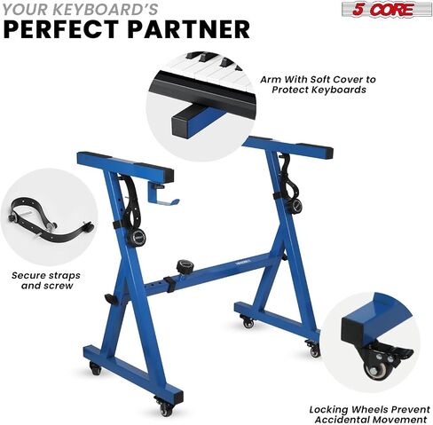 5 CORE Keyboard Stand Piano Riser Z Style Adjustable Height 36.5" & Width 32.5" Sturdy Portable Music Stands Padded Arms Fits 54 - 88 Key Digital Electric Pianos for Kid & Adults - KS ECO Z1 WHL (Blue) in Saudi Arabia