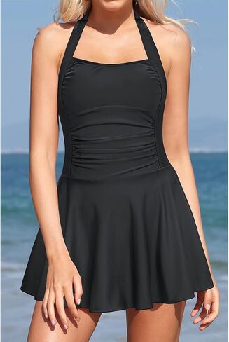 Women's Halter One Piece Skirt Swimsuits Ruched Swimdress Tummy Control Bathing Suit in Saudi Arabia